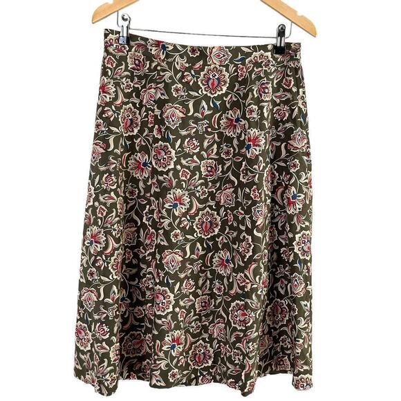Talbots Silk Floral Midi Skirt in Olive Green Red Boho Print Zip Side, Size 12P - Picture 1 of 7